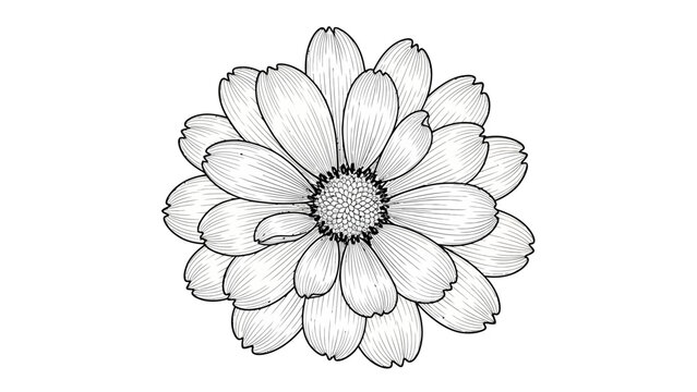 A detailed black and white sketch of a calendula flower, showcasing its delicate petals and intricate center.
