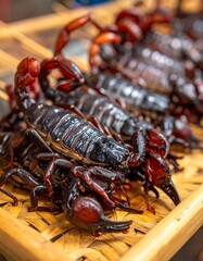Skewered, glossy, dark scorpions atop a light bamboo tray, ready for consumption. Bright overhead lighting