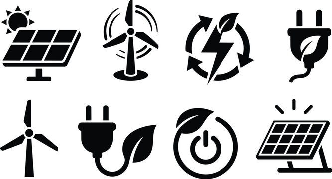 Clean renewable energy vector icon set with solar panels, wind turbines, recycling arrows, electric plug, power button and eco leaf symbols for sustainable technology design