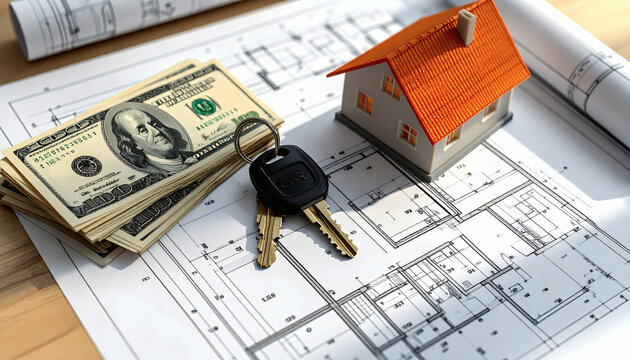 House Model with Dollar Cash and Keys on Blueprint &ndash; Real Estate Investment and Home Mortgage Concept