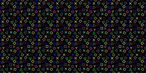 A dark wallpaper featuring a random repeat of geometric outlines. Tiny, thin-stroke triangles, squares, and X symbols in vibrant neon colors. Pitch-black backdrop, high contrast, clean vector aestheti