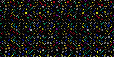 80s-inspired geometric scatter pattern on a matte black background. Features hollow neon shapes and symbols in a rhythmic, sparse arrangement. Saturated electric hues, sharp edges, no shadows.