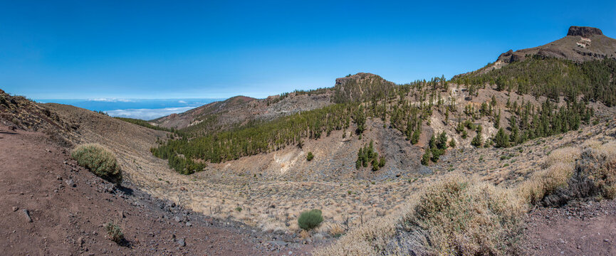 Tenerife, Canary Islands, Spain: aerial and panoramic view hiking in the Teide National Park (Parque nacional del Teide), spectacular volcanic, desert and green landscape