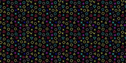 A playful, dense repeat of X, O, and triangle outlines. Multi-colored neon palette (cyan, magenta, lime, yellow) on a dark charcoal background. Balanced composition, flat 2D graphic art.