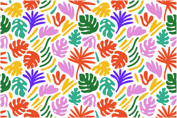 A joyful, colorful botanical wallpaper design. Abstract monstera, palm, and fern leaves in a whimsical, non-representational style. Palette Tomato red, forest green, azure blue, and sunny yellow.