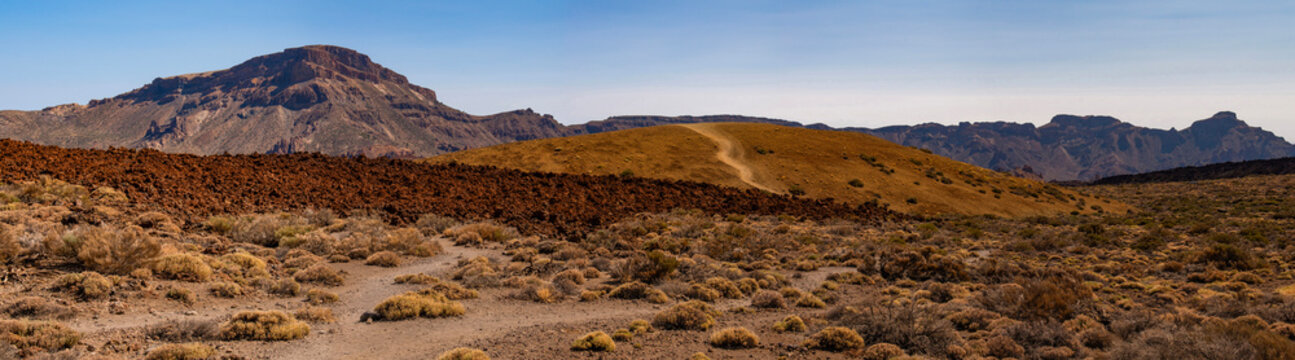 Tenerife, Canary Islands, Spain, Europe: panoramic view of the mountains and desert volcanic landscape hiking in the Teide National Park (Parque nacional del Teide)