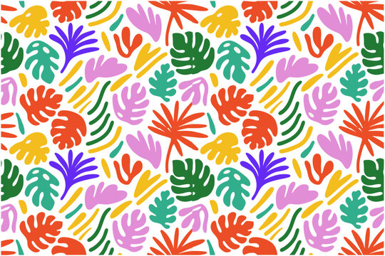 A joyful, colorful botanical wallpaper design. Abstract monstera, palm, and fern leaves in a whimsical, non-representational style. Palette Tomato red, forest green, azure blue, and sunny yellow.