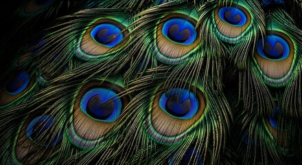 Fototapeta premium Close up of vibrant peacock feathers with intricate eye patterns.