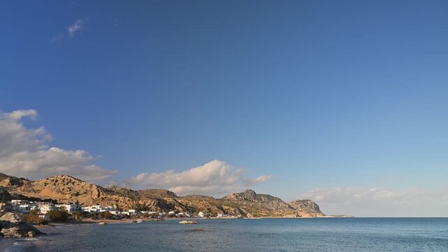 Stegna bay with beach sea and surrounding hills on Rhodes island in Greece