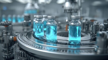 Close-up of numerous medical vials in a pharmaceutical manufacturing line