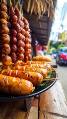 Skewered sausages and meatball-like snacks are stacked on a plate at an outdoor food stall