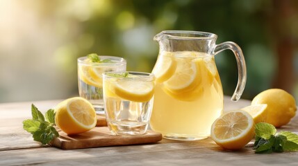Fototapeta premium Picnic table set with lemonade jug and glasses under soft light in summer with lemons and mint arranged for a relaxing outdoor moment