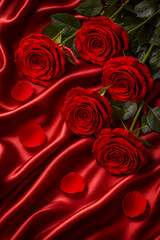 Naklejka premium Roses rouges – Bouquet élégant sur tissu satiné avec pétales dispersés, ambiance romantique et luxueuse