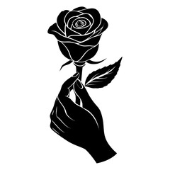 A delicate silhouette of a hand gently holding a single blooming rose 
