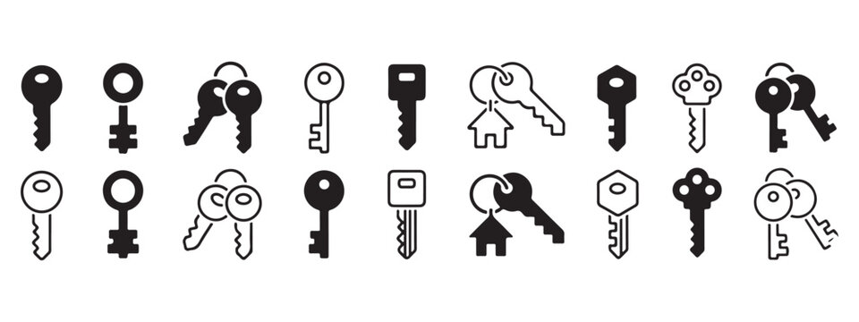 This image displays a collection of minimalist key icons arranged in two horizontal rows against a white background. The icons depict various types of keys, including single keys and key bunches, 