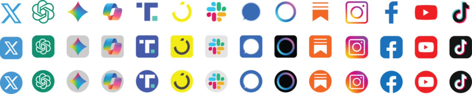 Social media logo icons set. facebook, instagram, slack, AI app logo ChatGPT, Gemini, Meta AI, Copilot, whatsapp, linkedin, x. New updated social media icons set
RGB