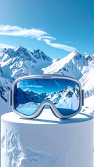 Ski goggles reflect snowy mountains. White pedestal base. Blue sky and clouds backdrop, snow-covered peaks in distance