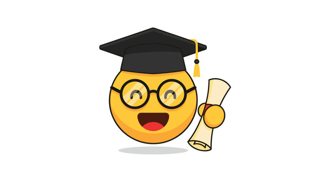 Happy graduation emoji character wearing a black mortarboard cap and holding a rolled diploma scroll with a red ribbon.