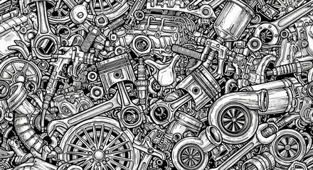 Monochrome vector illustration of a dense mechanical parts background, featuring pistons, wrenches, gears, and engine components in a detailed, hand-drawn style. © Design