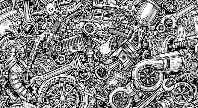 Monochrome vector illustration of a dense mechanical parts background, featuring pistons, wrenches, gears, and engine components in a detailed, hand-drawn style.