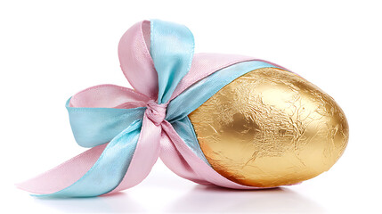 Shiny golden Easter egg with blue ribbon bow isolated on white background
