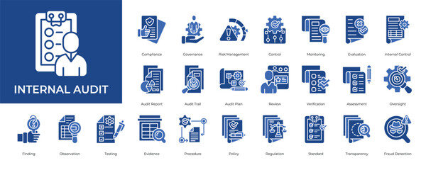 Internal Audit Icon set Collection in Glyph Two Color Style. compliance, governance, risk, management, control, monitoring, evaluation
