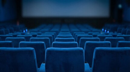 Fototapeta premium Empty and dark modern movie theater interior featuring rows of plush blue seats awaiting an audience for an immersive film screening experience
