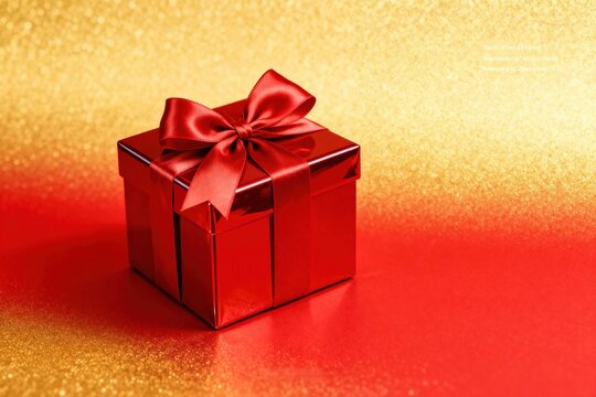 Luxurious red gift box with elegant ribbon on sparkling gold background, high resolution professional stock image featuring cinematic lighting, balanced composition, realistic textures, and vers siyam