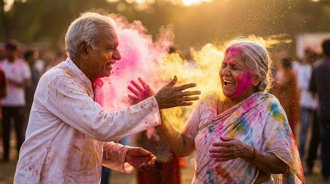 Senior Indian couple laughing and throwing pink Gulal colors at each other outdoors celebrating Holi festival with love representing active aging, traditional values, and happy family relationships.