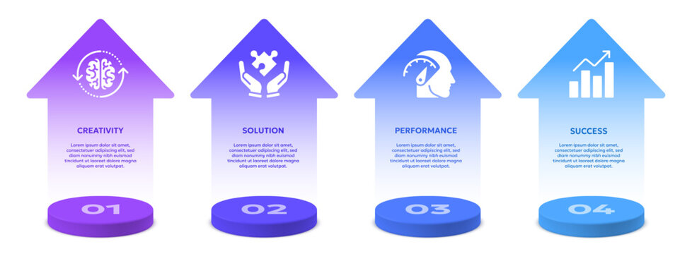 Vector illustration of 4 steps to business project roadmap or plan related to creativity, solution, performance and success. Modern infographic or presentation design template
