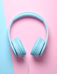Sky blue headphones centrally placed over pink and light blue background split diagonally; high angle minimalist studio shot
