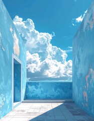 Sky is visible through peeling-paint blue walls, a door, & a rooftop edge in this slightly surreal perspective