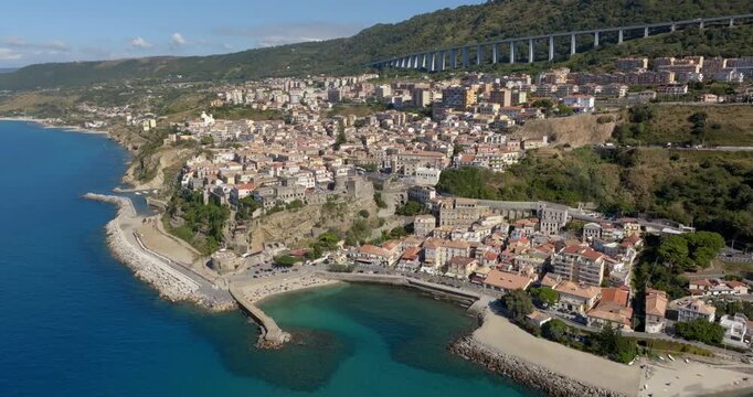 Aerial view of the city of Pizzo Calabro, located on the Coast of the Gods, in the province of Vibo Valentia, Calabria, Southern Italy. The town's historic center overlooks the Mediterranean Sea.