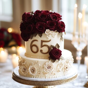 A cake with a white base and red roses on top, with the number 65 written in gold