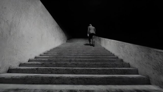 A solitary figure ascends a long, imposing staircase into the dark