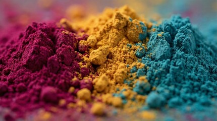 Vibrant texture background of pink yellow and blue gulal powder piles scattered on surface for traditional indian happy holi festival color decoration and creative celebration pattern design.