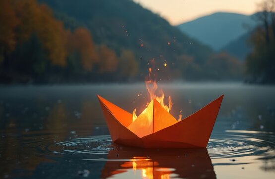 Orange paper boat burns afloat on dark river water. Flames rise from boat center. Peaceful nature background with misty mountains and autumn trees. Sparks fly upwards.