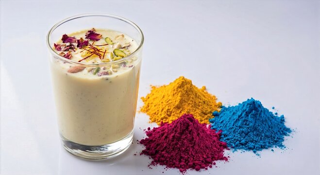Glass of cold thandai drink garnished with saffron and rose petals next to colorful gulal powder piles for happy holi festival beverage and traditional indian celebration food concept.