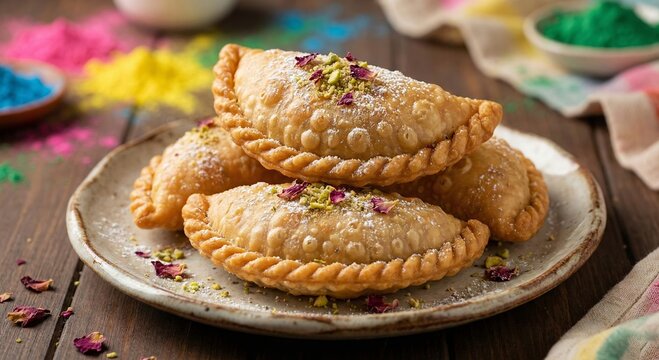 Elegant silver plate filled with fried gujiya sweets and flower petals next to colorful gulal powder bowls for happy holi festival food celebration and traditional indian holiday dessert.