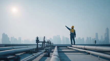 Technician conducts rooftop inspection while signaling with flashlight on modern commercial building
