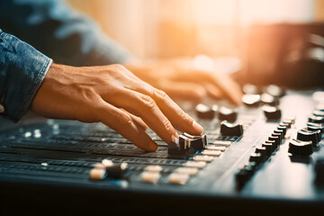 Sound engineer adjusts levels on a mixing console in a studio setting during the day