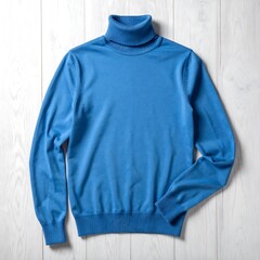 Sky-blue turtleneck sweater, evenly lit, centered on a light, painted wood plank background