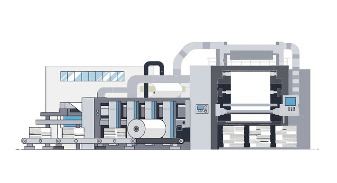 Illustration of a large industrial printing press machine with rolls of paper and complex machinery.