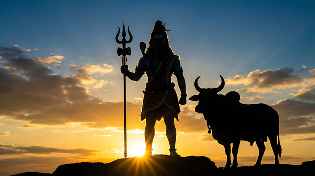 Dark silhouette of standing lord mahadev holding trident alongside nandi bull against dramatic golden sunset sky for spiritual maha shivratri background