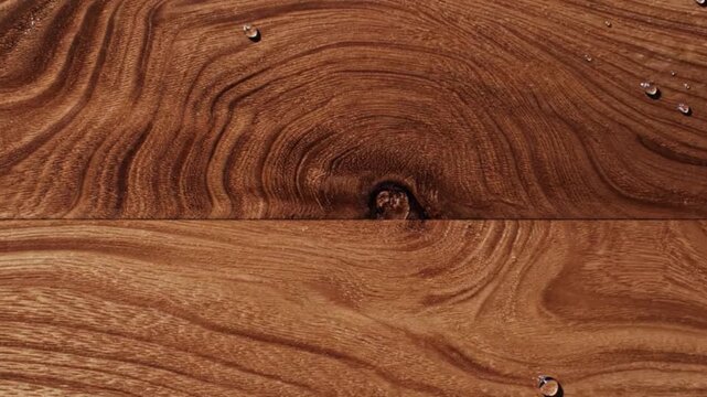 Slow motion. Wind blow off drops of water from the center to the edges of the wood.