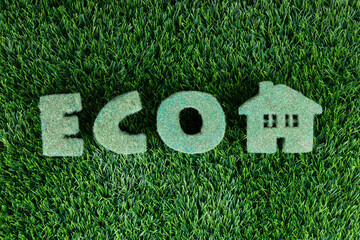 The word eco from volumetric green letters is laid out on the grass. A miniature copy of the house on a background of grass.