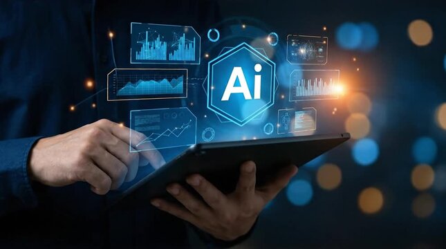 Human Hand Interacting with Holographic AI Interface and Data Visualizations on a Digital Tablet, Representing Future Technology and Business Intel...