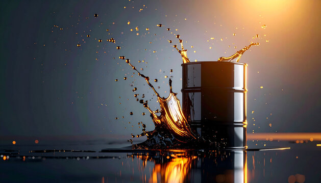 Metal oil barrel with dynamic liquid splashing against dark background. Ideal for energy, industrial, and fuel concepts.