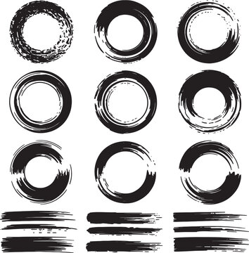 Black Grunge Circle Brush Strokes and Ink Splatter Frame Vector Set
