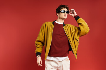 Obraz premium A young handsome man showcases his fashionable look with confidence in a bold red setting